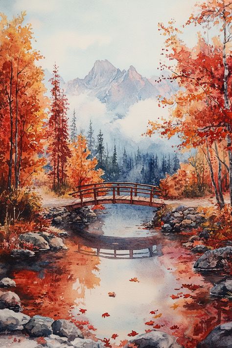 Transform your space with serene autumn vibes! This captivating watercolor print captures the tranquility of a mountain bridge surrounded by fall foliage. Discover stunning wall art ideas and elevate your decor today! #fallvibes #homedecor #wallartideas Mountain Bridge, Autumn Bridge, Bridge Wall Art, Wall Art Ideas, Scenery Paintings, Artwork Ideas, Autumn Vibes, Autumn Art, Fall Foliage