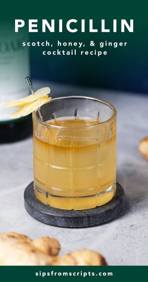 Penicillin Cocktail Recipe, Smoked Cocktail Recipes, Honey Whiskey Cocktails, Whisky Based Cocktails, Paleo Cocktails, Rye Whiskey Cocktail Recipes, Whiskey Based Cocktails, Ginger Cocktail Recipes, Penicillin Cocktail