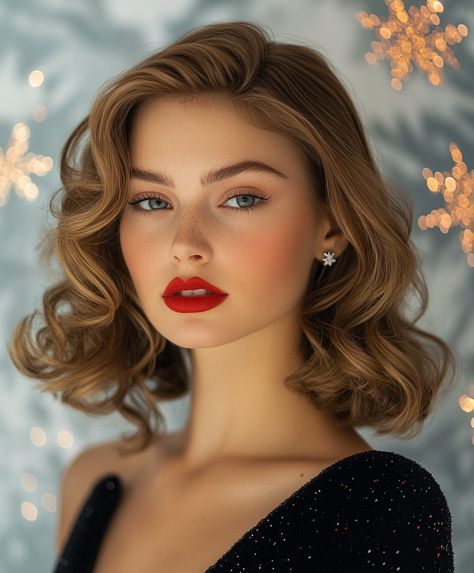 Retro Waves Christmas Hairstyle: Glam Side-Swept Curls Shoulder Length Hair Party Styles, Shoulder Length Party Hairstyles, 50s Curls, Repaint Imvu, Hollywood Glam Hair, Party Hairdo, Christmas Hairstyle, Glamour Look, Two Braid Hairstyles