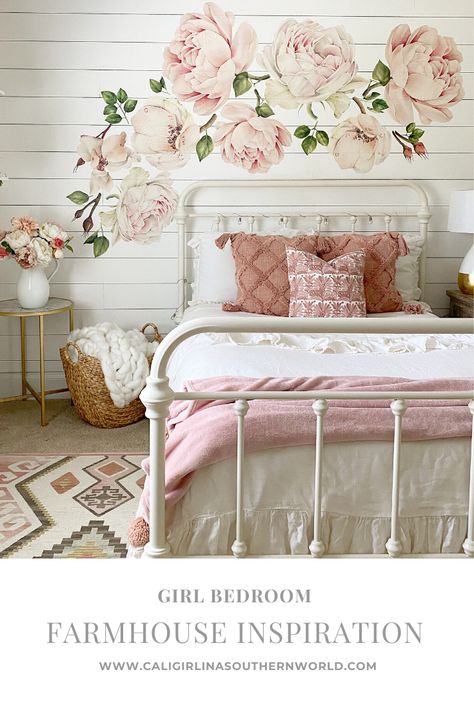 White Iron Beds, Farmhouse Decor Trends, Floral Bedroom, Floral Wall Decals, Autumn Rose, White Bed, Flower Wall Decals, Rose Wall, Girl Bedroom Decor