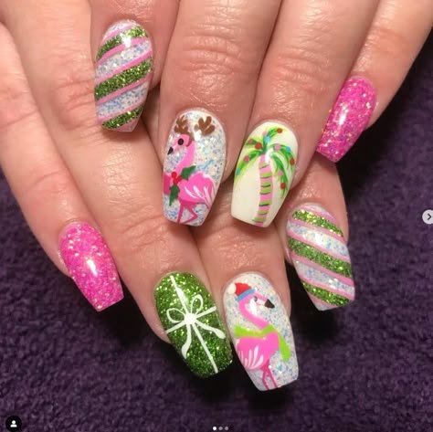 I Want… Tropical Christmas Nails Tropical Christmas Nails, Xmas Nail Ideas, Christmas Sleigh Ride, Vacation Nail Art, Nails Tropical, Christmas Nails Design, Tropical Nail Art, Christmas Winter Nails, Flamingo Nails