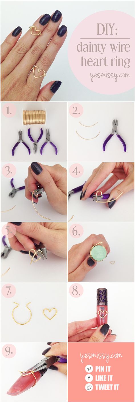 DIY wire heart ring tutorial - step by step instructions Heart Ring Tutorial, Diy Wire Heart, Cincin Diy, Diy Wire Rings, Diy Jewelry Rings, Wire Heart, Diy Ring, Heart Rings, Ring Tutorial