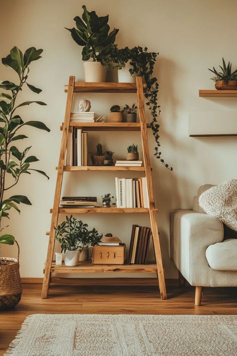 Looking to spruce up your home with some handy storage solutions? Check out this DIY ladder shelf guide, perfect for any modern home decor. This simple tutorial will help you create a trendy open-display or storage option for your living space. Whether you need extra shelves for your books, plants, or decorative items, this DIY ladder shelves project is easy and fun. Perfect for tight spaces and adding unique flair, it combines style and functionality. Get started with step-by-step instructions for crafting your own ladder shelf today! Diy Bookshelf From Pallets, Ladder Shelf In Bedroom, Plant Ladder Shelf, Book Display Ideas Home, Book Ladder, Small Bookshelf Ideas, A Frame Bookshelf, Diy Plant Shelf, Boho Bookshelf