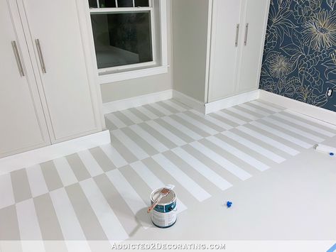 DIY Painted Hardwood Floor – Offset Striped Design – Part 1 Stripe Painted Floors, Daytime Pictures, Diy Writing Desk, Painted Hardwood Floors, Diy Painted Floors, Painted Wood Floors, Cement Patio, Painted Concrete Floors, Desk With Drawer