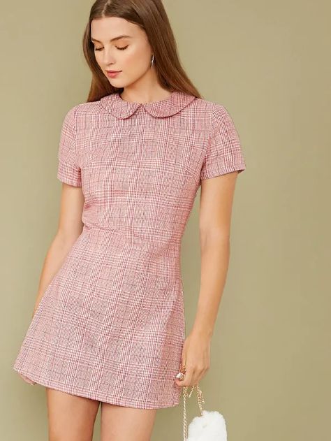 Peter-Pan-Collar Plaid Dress | SHEIN USA British Preppy, Blush Floral Dress, Peterpan Collar, Peter Pan Dress, Pan Collar Dress, Cute Work Outfits, Peter Pan Collar Dress, Croft And Barrow, Short Sleeve Mini Dress