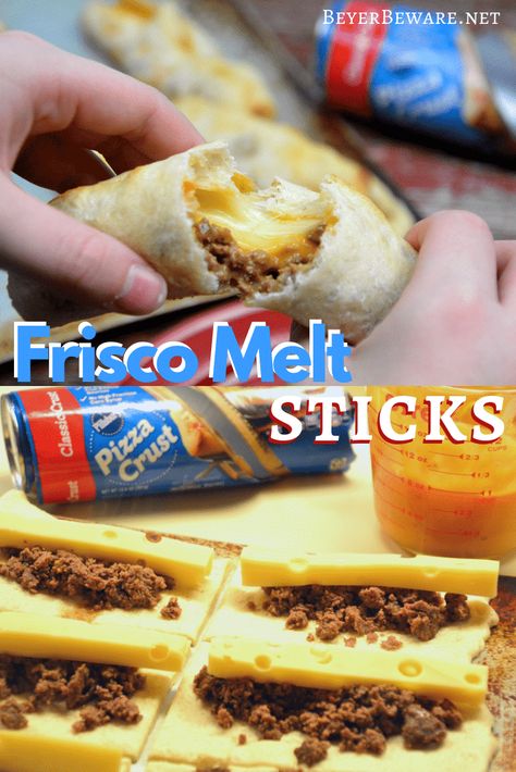 Frisco Melt Sticks - Stuffed Frisco Melt Burgers - Beyer Beware Frisco Melt Sauce, Frisco Melt, Field Meals, Canned Biscuit, Recipes Sandwiches, Picnic Potluck, Beef Meals, Kitchen Favorites, Crescent Roll Recipes