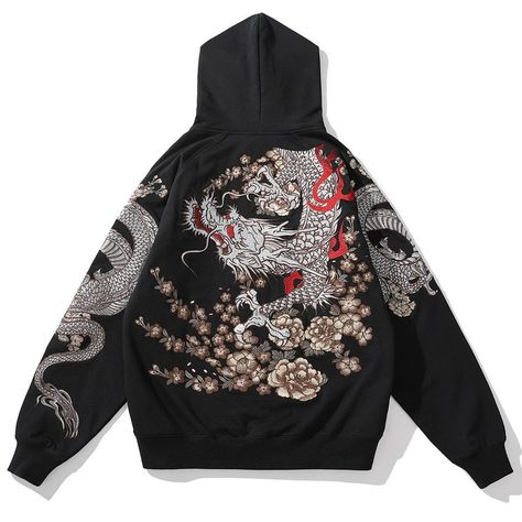 Japanese Embroidered Zip Hoodie, White Tiger, Black Dragon, 4 Beasts, Pullower Sakura, Cotton, Phoenix Suzaku Snake, Embroidery Sweatshirt Dragon Hoodie, Black Theme, Embroidery Hoodie, Japanese Embroidery, Embroidery Sweatshirt, Japanese Streetwear, Hoodie Material, Trendy Prints, Maneki Neko