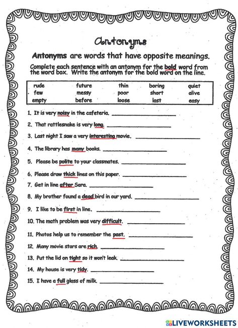 Antonyms Sentences Worksheet, Antonyms Worksheet, Sentences Worksheet, Sentence Scramble, Word Boxes, Bold Words, English Grammar Worksheets, Reading Goals, Reading Practice