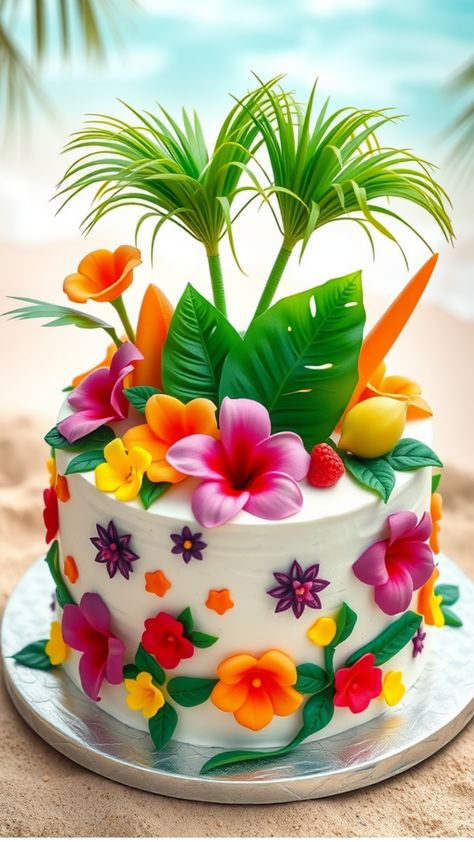 Tropical-themed cake with vibrant flowers, leaves, and palm stems on a beach background. Luau Cake Ideas, Birthday Party Cake Ideas, Tiki Birthday Party, Luau Birthday Party Ideas, Party Cake Ideas, Festive Cakes, Luau Cake, Blue Icing, Luau Theme Party