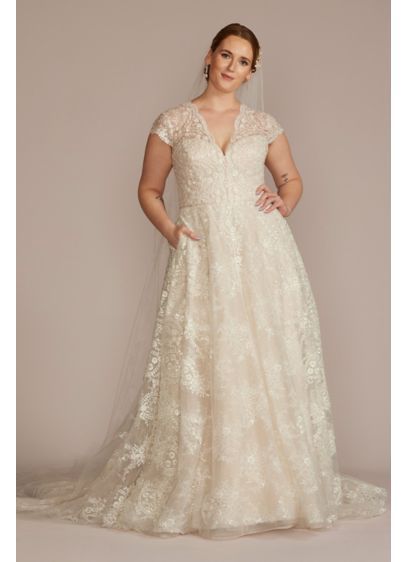 Scalloped Lace Cap Sleeve Plus Size Wedding Dress 8CWG935 Plus Wedding Dress, Plus Wedding Dresses, Plus Size Wedding Dresses, Crepe Wedding Dress, Davids Bridal Wedding Dresses, Oleg Cassini, Hand Stitch, Lace Caps, Tea Length Dresses