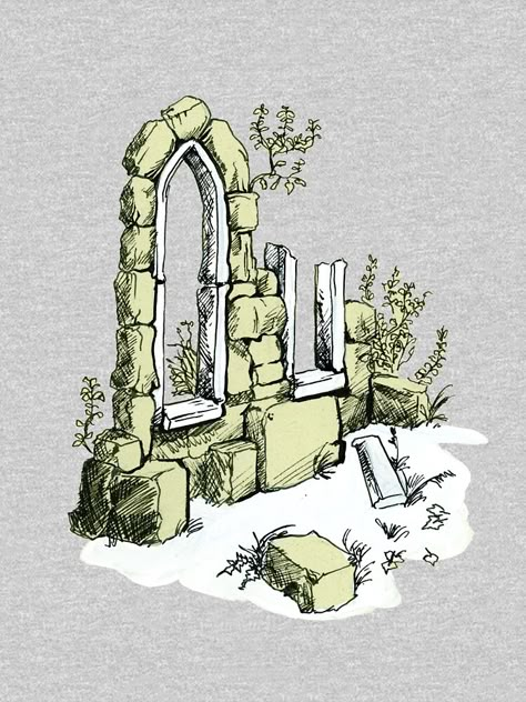 "Ruins" T-shirt on the Redbubble. The romantic view of the ruins of the old gothic building. linear drawing of gothic ruins. design on the redbubble. Old Ruins Art, Ruins Drawing Sketch, How To Draw Ruins, Ruined Buildings Drawing, Overgrown Ruins Drawing, Ancient Ruins Drawing, Castle Ruins Drawing, Medevil Drawings, Castle Door Drawing