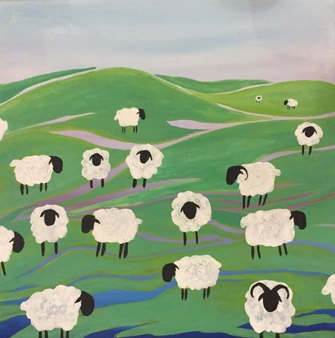 Learn Acrylic Painting, Sheep Paintings, Basic Painting, Retro Painting, Farm Paintings, Large Canvas Painting, Colorful Paintings Acrylic, Simple Canvas Paintings, Easy Canvas Painting