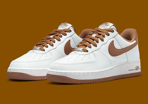 Nike Air Force 1 '07 Shoes "Pecan" White Brown DH7561-100 Men's ALL SIZES NEW DS Get a price at https://copapair.com/nike-air-force-1-07-shoes-pecan-white-brown-dh7561-100-mens-all-sizes-new-ds-3/ Future Sneakers, White Air Forces, Nike Shoes Air Force, Nike Brown, Nike Snkrs, Trendy Shoes Sneakers, All Nike Shoes, Best Shoes For Men, Nike Air Force 1 07