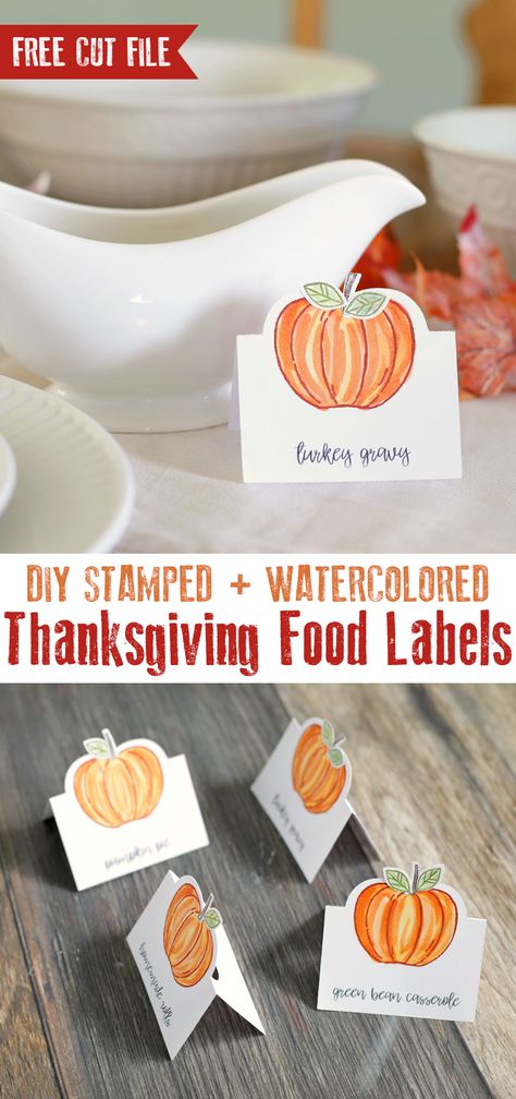 Add a handmade touch to your Thanksgiving table this year. The free cut file for these Thanksgiving food labels was designed to fit perfectly with this cute pumpkin stamp from Stampin' Up! #freecutfile #stampinup #thanksgiving #thanksgivingcrafts #papercrafts #stamps #fallcrafts #silhouettecameo Thanksgiving Diy Food, Thanksgiving Food Labels, Thanksgiving Table Crafts, Pumpkin Menu, Thanksgiving Food Table, Thanksgiving Craft Ideas, Thanksgiving Host, Thanksgiving Labels, Harvest Dinner