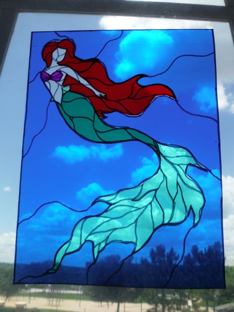 Little Mermaid Stained Glass made with lighting gels Mermaid Glass Painting, Diy Stained Glass Window, Cottage Vibes, Mermaid Fairy, Mermaid Glass, Mermaid Drawings, Cute Canvas Paintings, Little Library, Stained Glass Diy