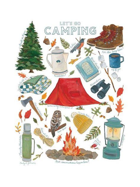 Camping illustration Camping Themed Bathroom, Camping Wall Decor, Camping Bedroom Theme, Camp Vibes Aesthetic, Camp Theme Nursery, Vintage Camping Decor, Camping Mood Board, Vintage Camping Aesthetic, Camp Room Decor