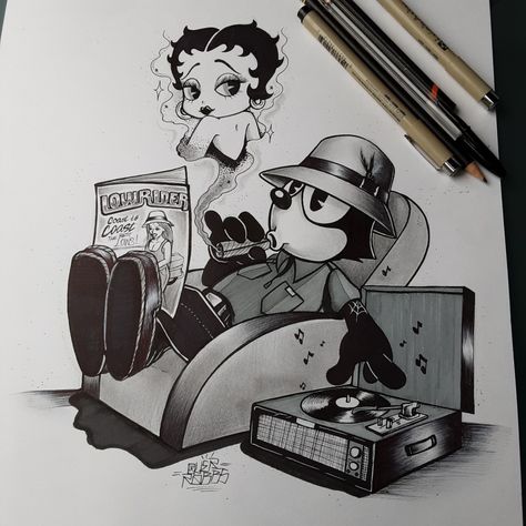 Chicano art over rabbs Betty Boop And Felix The Cat, Homies Characters Drawing, Chicano Cartoon Art, Chicano Drawing, Felix Cat, Easy Graffiti, Easy Graffiti Drawings, Graffiti Drawings, Chicano Love