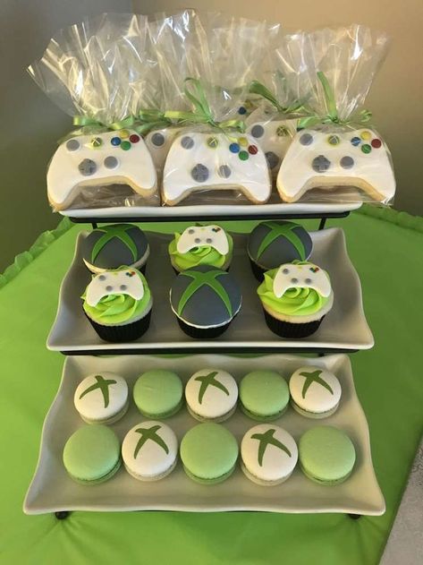 The cupcakes and cookies at this Xbox One Birthday Party are so cool!! See more party ideas and share yours at CatchMyParty #catchmyparty  #partyideas #xboxbirthdayparty #xboxcookies #xboxcookies Xbox Birthday Party Ideas, Video Game Desserts, Xbox Themed Birthday Party, Xbox Cake Ideas, Game On Birthday Party Ideas, Xbox Cupcakes, Video Game Birthday Cake, One Birthday Party Ideas, Xbox Birthday Party