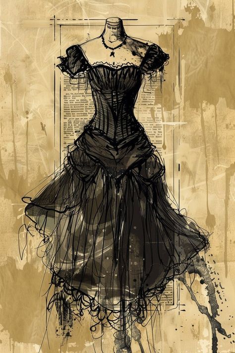 Goth Victorian Dress Drawing, Gothic Fashion History, Old Dresses 1800, Elegant Dark Dress, Victorian Fashion Sketches, Body Horror Inspiration, Dress Fashion Design Sketch, Old Gothic Art, 19th Century Gothic Fashion