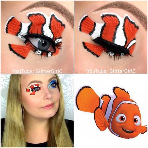 Nemo makeup look Finding Nemo Makeup, Nemo Makeup, Dory Makeup, Disney Eye Makeup, Disney Inspired Makeup, Disney Princess Makeup, Fish Makeup, Makeup Steps, Face Art Makeup