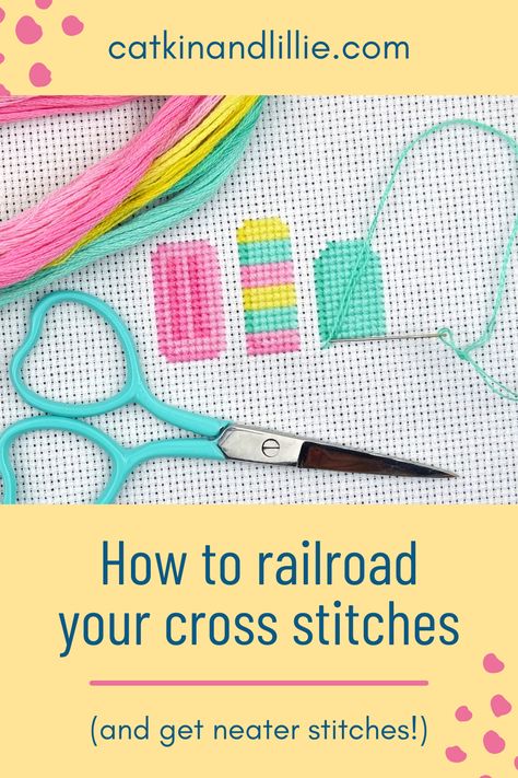 If you have heard of the railroad method for cross stitch but are not sure what it is or how to do it then I am going to explain all. The main reason to use it is to get neater cross stitches, but there are other benefits. This is NOT an advanced technique; it's easy to master and is actually pretty handy to know whether you are a cross stitch beginner or more advanced stitcher. Railroad Method Cross Stitch, How To Finish Edges Of Aida Cloth, Cross Stitch Hacks, How To Cross Stitch For Beginners, How To Cross Stitch, Easy Cross Stitch Patterns Free, Cross Stitch Tips, Counted Cross Stitch Patterns Free, Pretty Cross Stitch