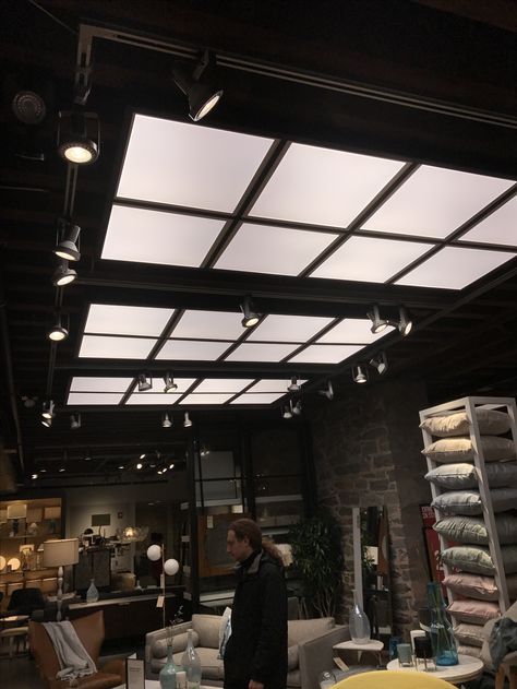 Faux Skylight Ceilings, Faux Skylight, Industrial Ceiling, Loft Interiors, Basement Bathroom, Winter Home Decor, Home Accents, Loft, Stairs