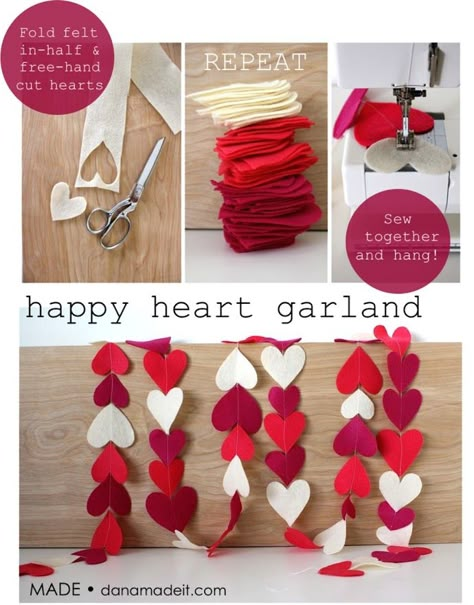 Garland Tutorial, Diy Valentine's Day Decorations, Diy Valentines Decorations, Heart Garland, Felt Heart, Valentine's Day Quotes, My Funny Valentine, Valentines Party, Valentine Fun