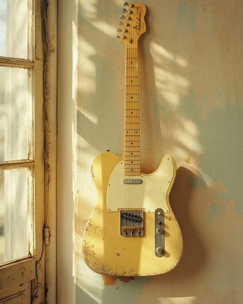 Guitar Yellow Aesthetic, Yellow Items Aesthetic, Soft Yellow Aesthetic Vintage, Vintage Guitar Aesthetic, Yellow Music Aesthetic, Light Yellow Aesthetic, Yellow Aesthetic Vintage, Character Claims, Spotify Profile