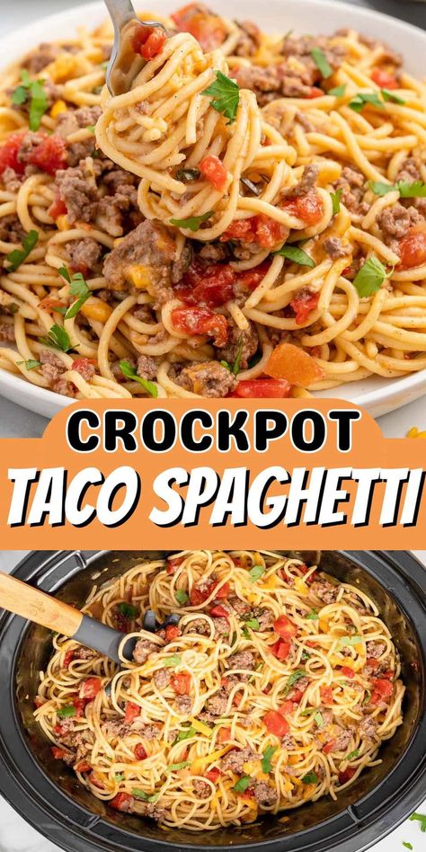 Rotel Crockpot Recipes, Crockpot Taco Spaghetti Crock Pot, Dinner Recipes With Rotel, Crockpot Speggetti, Football Crockpot Meals, Spaghetti Casserole Crockpot, Crockpot Rotel Pasta, Crockpot Hamburger Recipes Ground Beef, Crockpot Taco Spaghetti