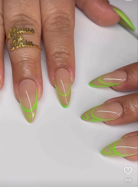 Green Design Almond Nails, Yellow Green Nails Design, Neon Nails Almond Shape, Lime Green Almond Nails, Natural Pink Acrylic Nails, Green Almond Nails Designs, Pink Acrylic Nails Almond, Green And Orange Nails, Almond Nails Green