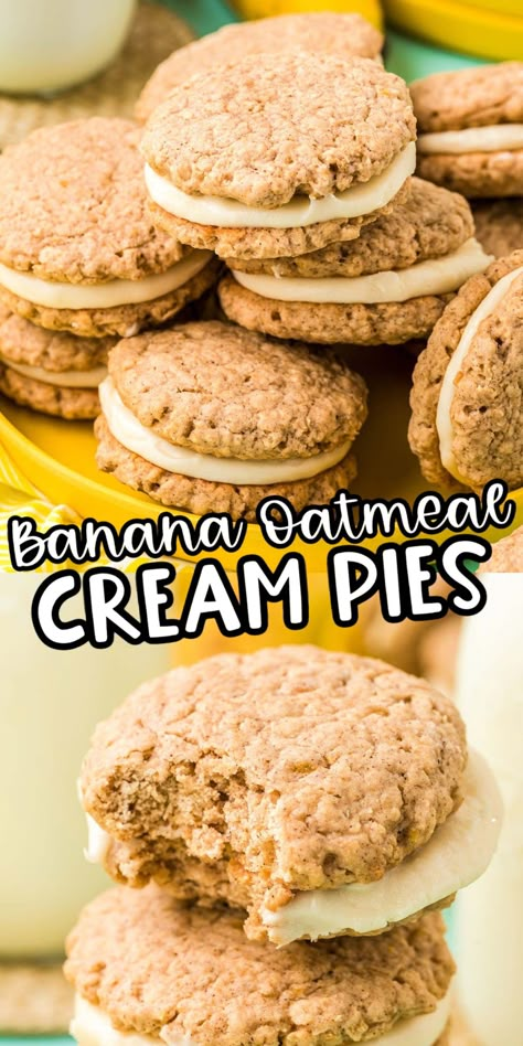 Banana Oatmeal Cream Pies combine ripened bananas with pantry staple ingredients and a 5-ingredient fluffy vanilla cream cheese frosting! Ready to enjoy in under an hour! Banana Cream Cheese Cookies, Banana Cream Cheese Recipes, Banana Twins Recipe, Banana Cream Cookies, Banana Cream Dessert, Unique Banana Recipes, Banana Cream Pie Cookies, Crumbl Cookie Banana Cream Pie, Banana Cream Pie Vanilla Wafers