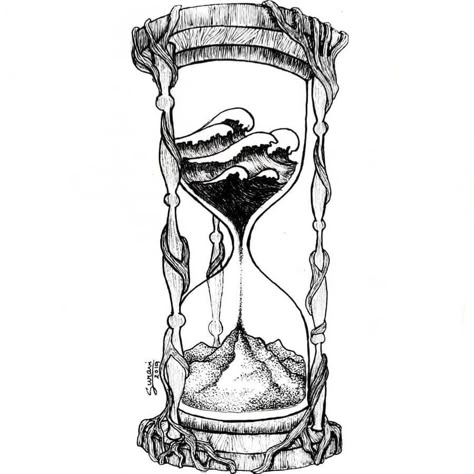 Waves and sand in hourglass. Ink Conceptual - Fantasy Illustrations. Click the image, for more art by Suravi Sengupta. Hourglass Mountain Tattoo, Movies References, Hour Glass Tattoo Design, Hourglass Tattoos, Hourglass Drawing, Designs With Meaning, Tattoos Meaning, Conceptual Artwork, Anime Hairstyles