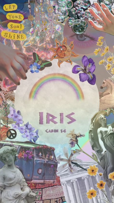 Iris #iris #cabin14 #percyjackson #percyjacksonandtheolympians #beauty #outfitinspo #nature #vibes #quotes #music Nature Vibes Quotes, Iris Greek Goddess, Iris Aesthetic, Iris Cabin, Iris Wallpaper, Pjo Cabins, Iris Goddess, Percy Jackson Drawings, Harry Potter Phone