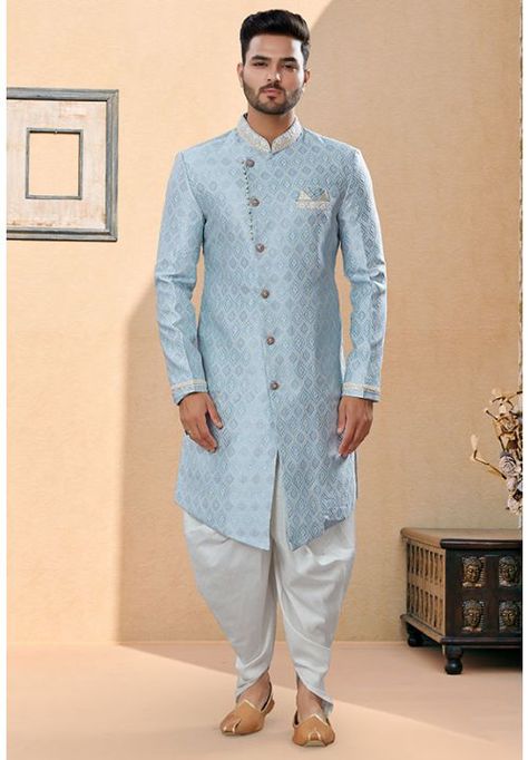 Engagement Outfit For Man, Indowestern Outfits For Men, Sky Blue Lehenga, Blue Sherwani, Indo Western Sherwani, Nigerian Men Fashion, Sherwani For Men, Celebrity Gowns, India Dress