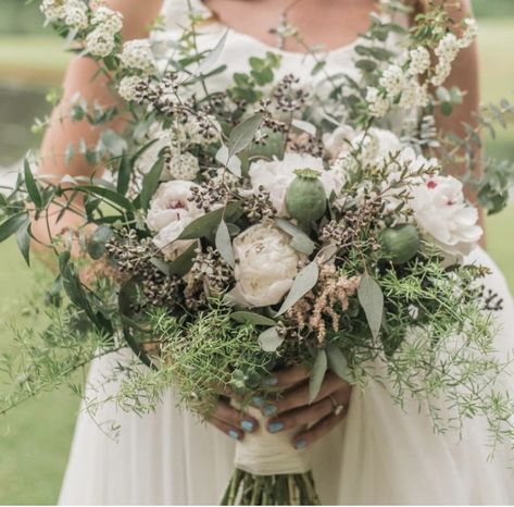 Forest wedding bridal bouquet featuring peonies and poppy pods. Forest Bridal Bouquet, Forest Wedding Bouquet, Forest Wedding Ceremony, Forest Green Wedding, Poppy Pods, Spring Forest, Forest Style, Wedding Bridal Bouquets, Forest Wedding