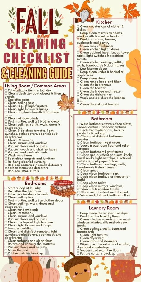 Maintaining a clean and organized home can be overwhelming, especially when getting ready for the holidays. This complete fall cleaning guide has essential household cleaning tips and checklists to keep your home sparkling not only for the holiday season, but year-round as well. Use the Fall Cleaning Checklist /Autumn Cleaning Checklist to get those seasonal chores done. Use this Holiday Cleaning and Deep Cleaning Checklist so you don't miss anything. The cleaning schedule fall and Fall House Cleaning List keep you on track. Cleaning Methods | fall cleaning schedule | Cleaning Closet Checklist | Cleaning Plan | Cleaning Hacks Fall Cleaning Checklist Free Printable, Fall Deep Cleaning, Fall Deep Cleaning Checklist, Fall House Cleaning, Holiday Cleaning Schedule, Fall Cleaning List, Autumn Cleaning, Holiday Cleaning Checklist, Closet Checklist