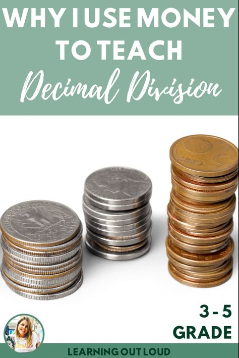 Teaching dividing with decimals to fifth graders in the classroom requires hands on materials. Why? Abstract concepts like fractiins of a dollar are simpler to grasp when students can relate to them in familiar ways. Money is motivating, engaging, and relatable to young mathematicians, so starting with money is a wonderful tool to scaffold student understanding. Division With Decimals, Teaching Decimals With Money, Dividing With Decimals, Dividing Decimals 5th Grade, Multiplying And Dividing Decimals, Divide Decimals, Dividing Decimals Activities, Decimal Division, Decimal Games