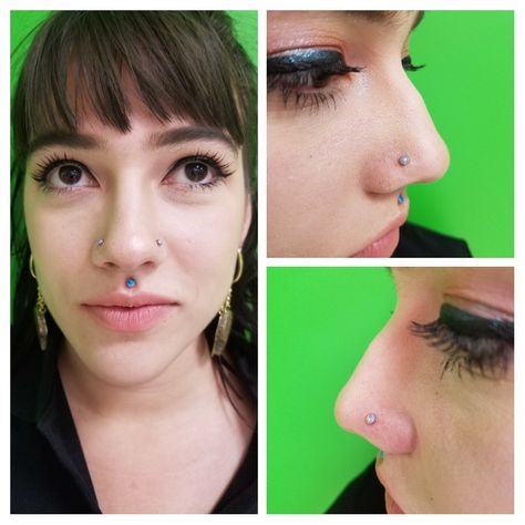 Paired nostril piercings with lavender opals & philtrum with a Capri blue opal Paired Nostril Piercing, Septril Piercings, Nostril Piercing, Lavender Opal, Nose Jewelry, Capri Blue, Blue Opal, Tattoos And Piercings, Piercings