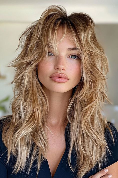 Textured Blonde Shag, long layered haircut with fringe Edgy Shag Haircut, Rock Chick Hair, Blonde Hair Cuts, Bangs Shag, Blonde Shag, Best Hair Cut, Shaggy Cut, Hairstyles For Seniors, Long Fringe Hairstyles