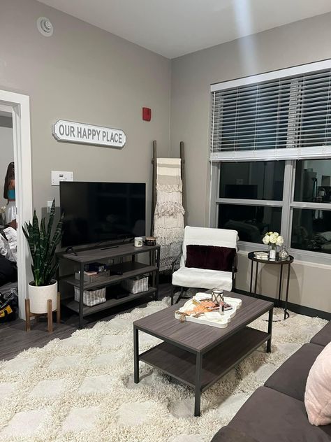 College Apartment Living Room Asthetics, Living Room Ideas College, Hbcu Dorm Ideas Black, College Apartment Realistic, Gcu Apartment, College Apartment Decor Living Room Black Couch, College Apartment Bathroom Mats & Rugs, Living Room College, College Apartment Living Room