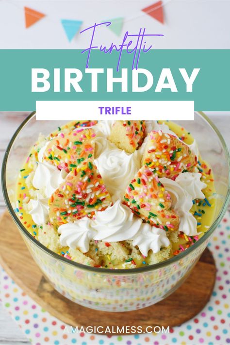 Layers of funfetti cake, pudding, whipped cream, and cookies for a happy and colorful birthday cake trifle! Sweet, creamy, and sprinkle-y, just what a birthday dessert should be. Birthday Trifle, Funfetti Birthday Cake, Cake Trifle, Funfetti Birthday, Trifle Dessert Recipes, Colorful Birthday Cake, Funfetti Cookies, Cake Pudding, Cake Mix Desserts