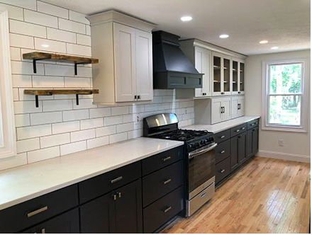 Taupe And Black Kitchen, Black Lower Cabinets, Taupe Kitchen Cabinets, Floating Wood Shelves, Taupe Kitchen, Lower Cabinets, Foreclosed Homes, Modern Kitchen Interiors, Cupboard Drawers