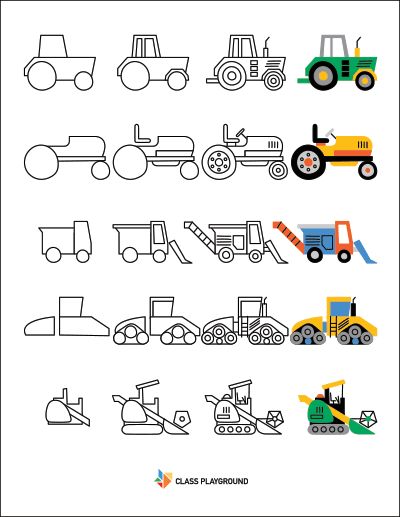 Printable How To Draw With Shapes Tractors 1 - Class Playground Simple Tractor Drawing, How To Draw A Tractor, Drawings With Shapes, Preschool Drawing Ideas, Draw With Shapes, Tractor Print, Tractor Drawing, Shapes Printable, Drawing Lessons For Kids