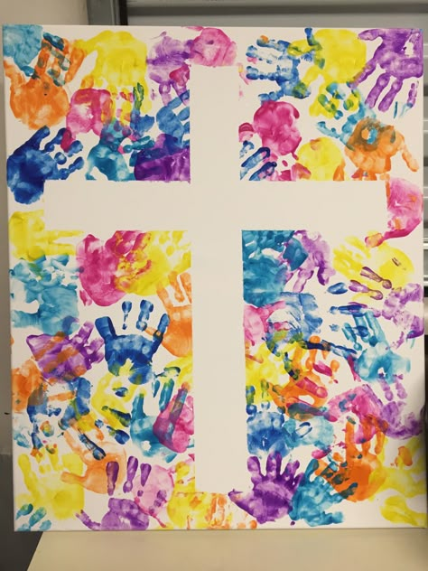 Handprint cross made by nursery kids age 0-5. Used blue painters tape to make the cross on a large canvas & then did the handprints. Remove tape while the paint is still wet & TADA!! Priceless artwork❤️ Large Canvas Art Diy, Bible Crafts Sunday School, Nursery Crafts, Selfie Wall, Sunday School Classroom, Children's Church Crafts, Bible Activities For Kids, Church Nursery, Auction Ideas