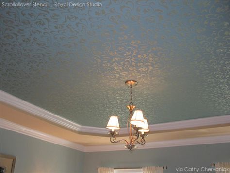 Royal Design Studio's Scrollallover Stencil painted on ceiling | Artist Cathy Chervanick Wall Stencil Designs Master Bedrooms, Roof Painting Ideas Ceilings, Classical Ceiling Design, Roof Painting, Bohemian Tiles, Painted Ceilings, Wall Stencil Designs, Keeping Rooms, Royal Design Studio Stencil