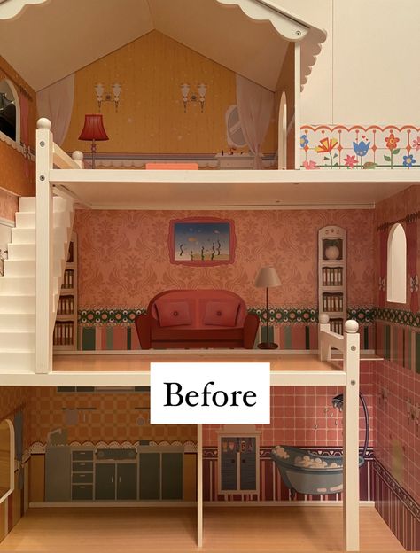 Dolls House Upcycle Ideas, Dolls House Painting Ideas, Upcycle Barbie House, Wooden Dollhouse Makeover Diy, Diy Barbie House Remodel, Redo Doll House, Barbie Dollhouse Makeover Diy, Upcycle Dolls House, How To Redo A Dollhouse