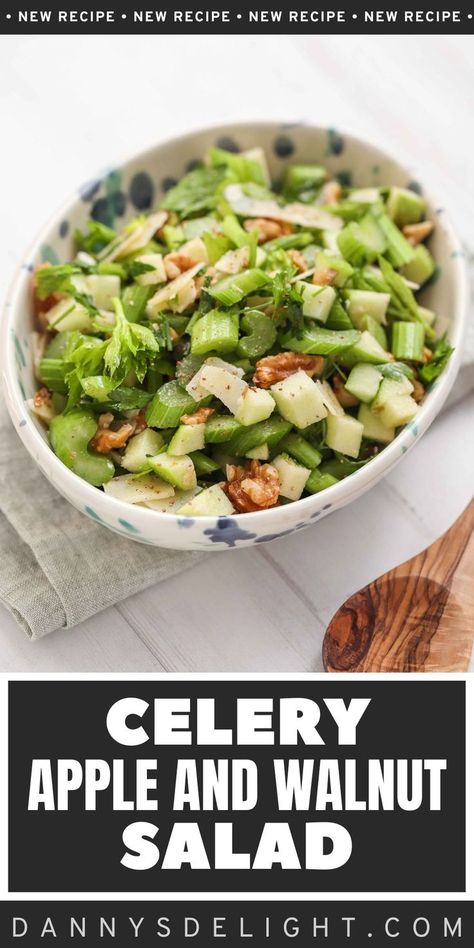 Crunchy refreshing, light salad recipe with celery sticks, chopped apples, parsley, and walnuts. Recipe With Celery, Crunchy Salad Recipes, Light Salad Recipes, Celery Recipes, Celery Salad, Apple Salad Recipes, Celery Sticks, Crunchy Salad, Light Salad