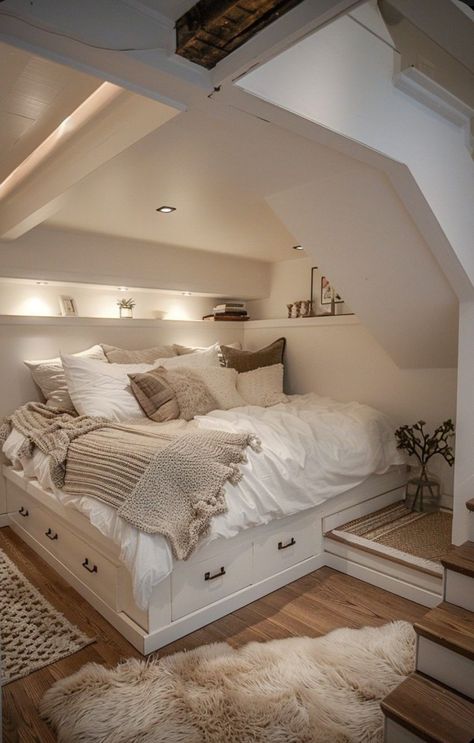 Built In Bed Frame, Tiny Bedroom Decor Ideas, Tiny Bedroom Decor, Small Attic Bedroom Ideas, Bunk Loft, Loft Bedroom, Small Loft, Ibiza Style, Attic Bedrooms