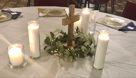 First Communion Table Centerpieces, Cross Table Centerpiece, Communion Centerpieces For Boys, Bautizo Ideas Boy Centerpieces, Diy Baptism Centerpieces, Boy First Communion Ideas Decoration, First Communion Decorations Centerpieces, Bautizo Centerpieces For Boys, Confirmation Table Decorations