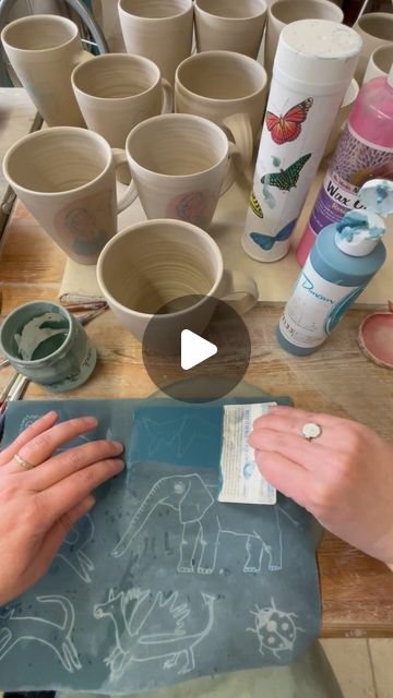 Hanna Lühl on Instagram: "I silkscreen-print with #duncancolors from @duncan_ceramics and expose and develop my drawings on @ezscreenprint sheets. I bought sheets that already have a light sensitive emulsion on them and I just expose them- with my drawings on top- to the sunlight. The silicone like, round thing I use to transfer the print on the clay, is called #gelliplate and I bought mine from #gerstecker. It helps printing on curved surfaces ." Printing On Clay, Drawing On Pottery, Screen Printing On Ceramics, Image Transfer To Clay, Underglaze Transfer Pottery, Ceramic Transfers, Sanbao Underglaze Transfers, Underglaze Transfer, Pottery Slip